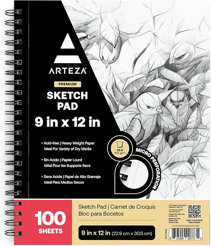 ARTEZA Spiral Sketch Book 9x12" Drawing Pad 100 Sheets Sketch Pads for Drawing for Adults & Teens