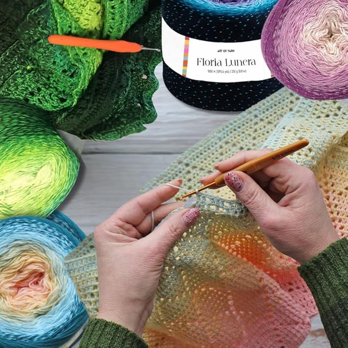Floria Lunera Cotton Yarn 55% Cotton 45% Acrylic 250g 1093 Yards Multicolor Rainbow Crochet Yarn Handknit Cake Soft Variegated Yarn for Spring Summer Projects Blankets Scarves-93260