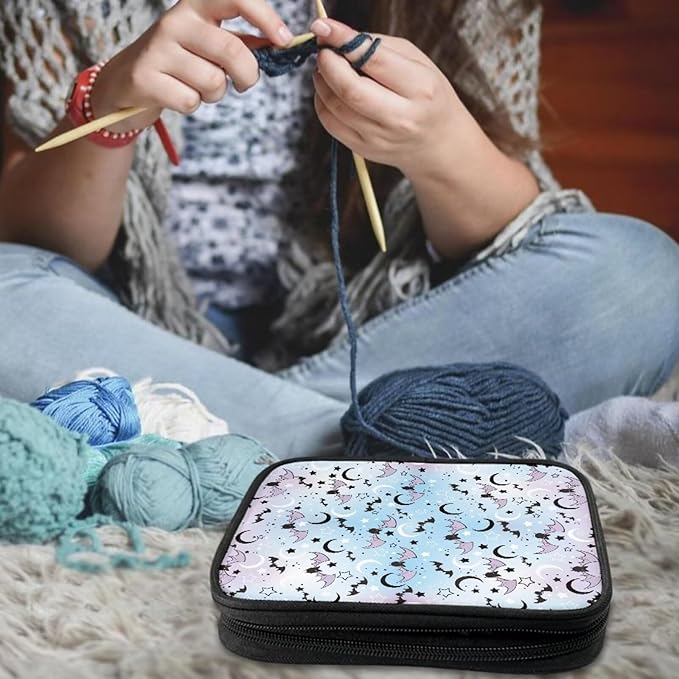 Hechitok Halloween Bats Moon Crochet Hooks Case Zipper Bags Portable Crochet Storage Bag with Web Pocket and Crochet Holder Slots for Carrying Various Crochets Needles