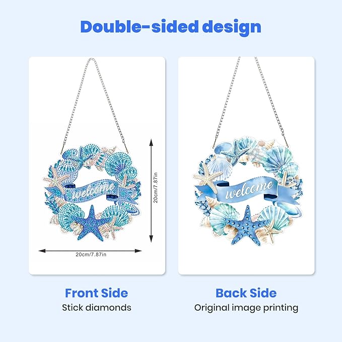 MXJSUA Wreath Seashells Starfish Diamond Painting Art Window Suncatchers, Diamond Art Kits for Adults Hanging Ornaments with Chain, 5D Special Shape Crystal Diamond Pendant Accessories for Decor Gift