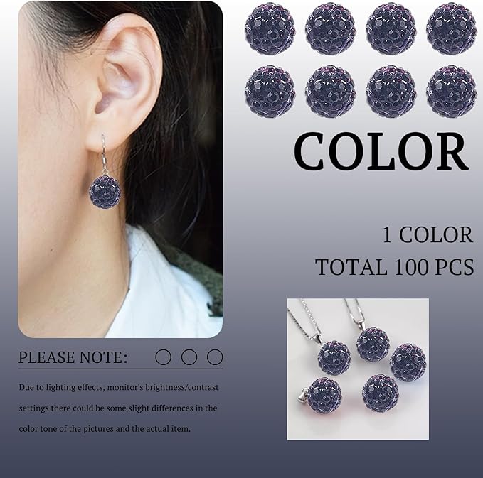 10mm Grade A Rhinestone Beads for Baseball Necklace, Round Disco Ball Beads for Earring Jewelry Making, Necklace Bracelet, DIY Craft Supplies (100 pcs Dark Purple)