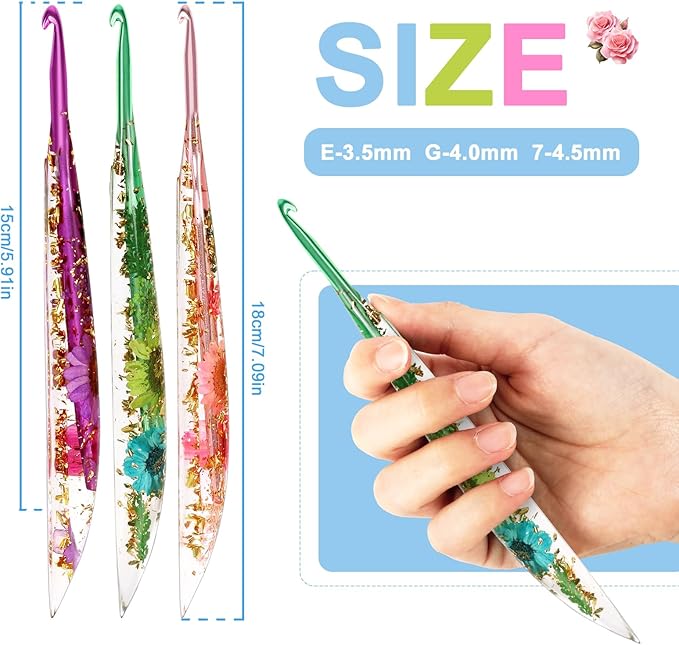 KOKNIT Ergonomic Crochet Hooks Set - 3 Sizes with Floral Resin Handles for Arthritis & Beginners, Comfort Grip for Hand Pain, Extended Soft Handle Design (Multicolor, 3.5-4-4.5mm)