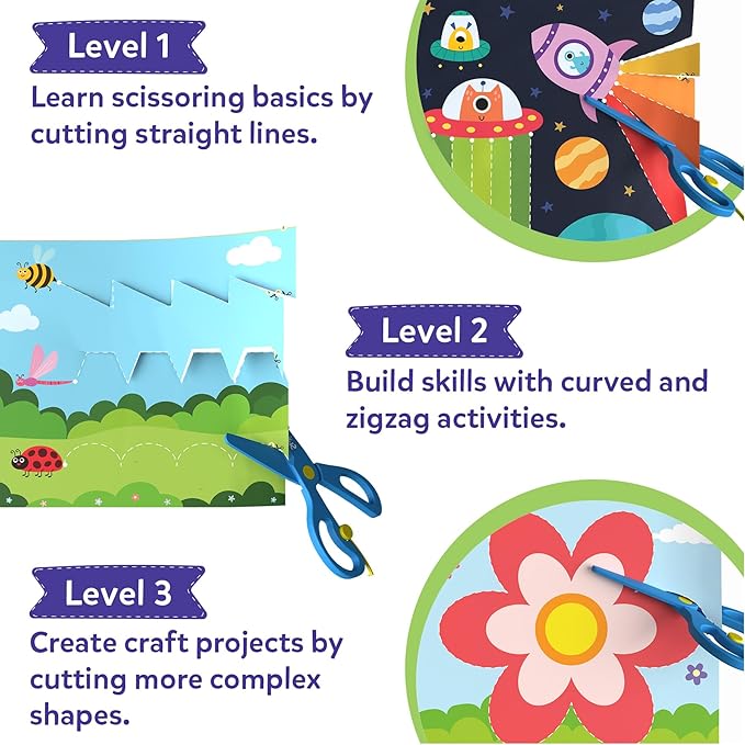 skillmatics scissor skills activity book - snip snip, 25 fun cutting & creative activities, 2 child-safe scissors, felt craft kit, classroom valentine’s day gift for kids ages 3, 4, 5, 6, 7