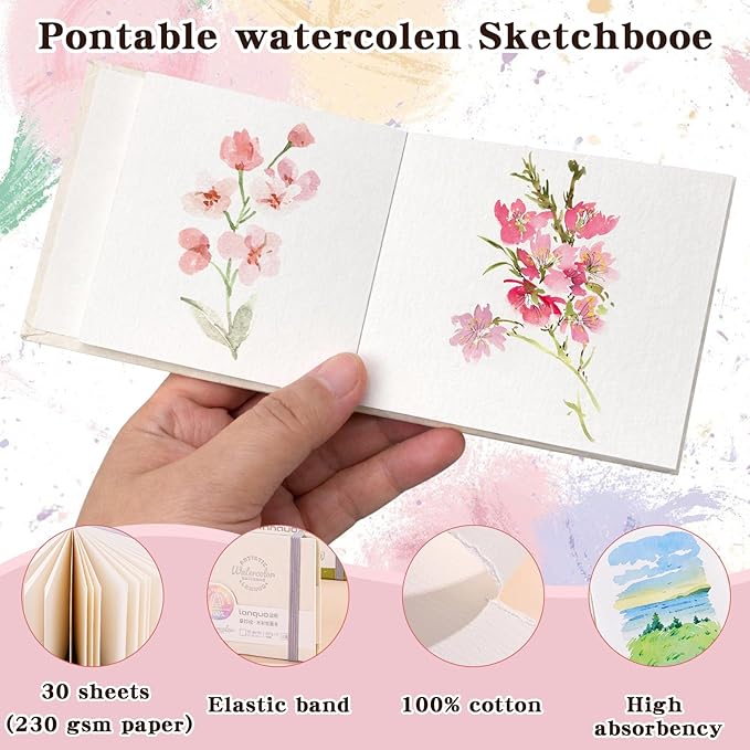 Mini Watercolor Paint Set - Travel Watercolor Set, Pocket Artist Water Color Travel Set with 12 Colours, Sketchbook, Watercolor Pens, Wooden Palette Box for Painters Artists Students