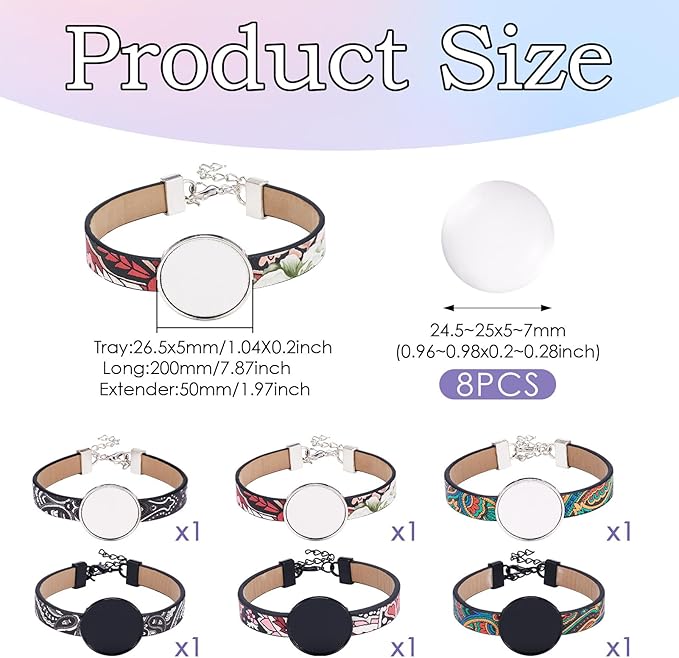 FASHEWELRY 6Pcs PU Leather Cord Bracelet Bezel Bohemian Blank Photo Tray Bracelet Band Settings 26.5mm Adjustable Round Tray With Glass Cabochons for Jewelry Making