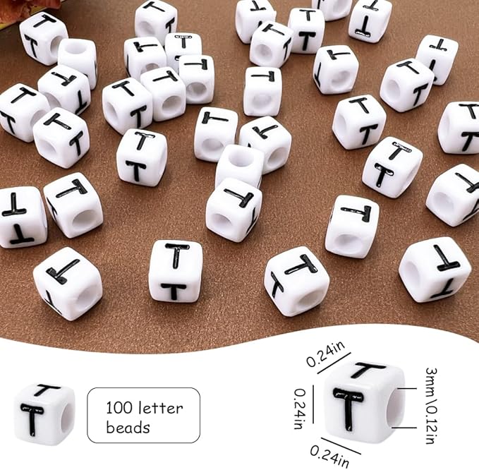 MIIIM 100pcs Pony Beads Letter T for Keychains Making, 6x6mm Large Hole Square Letter Beads for Bracelets Making, Alphabets, Numbers (White and Black)