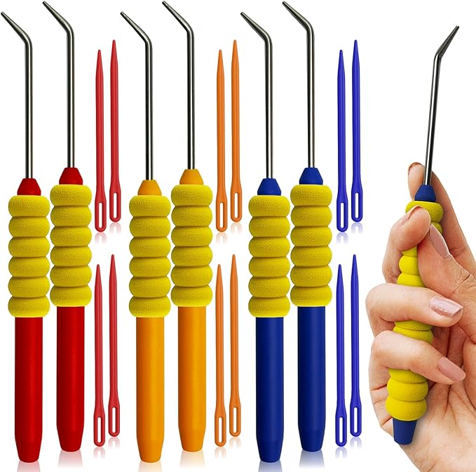 UCDRMA Knitting Loom Hook with Soft Grip, More Comfortable Loom Knitting Hook for Arthritic Hands, 6PCS Longer Loom Crochet Hooks (5.5in) Stainless Steel Yarn Loom Hooks with 12 Sewing Needles (S)