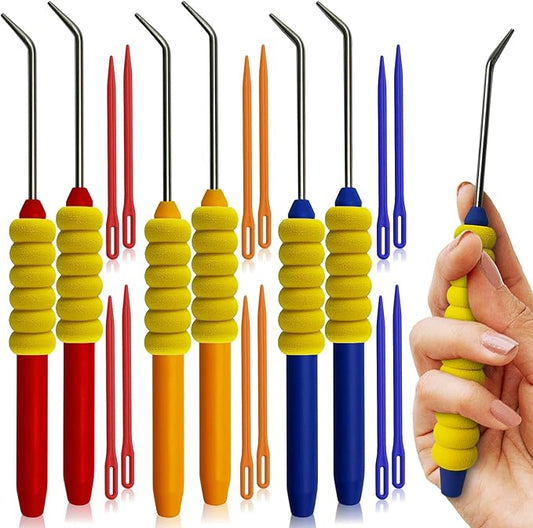 UCDRMA Knitting Loom Hook with Soft Grip, More Comfortable Loom Knitting Hook for Arthritic Hands, 6PCS Longer Loom Crochet Hooks (5.5in) Stainless Steel Yarn Loom Hooks with 12 Sewing Needles (S)