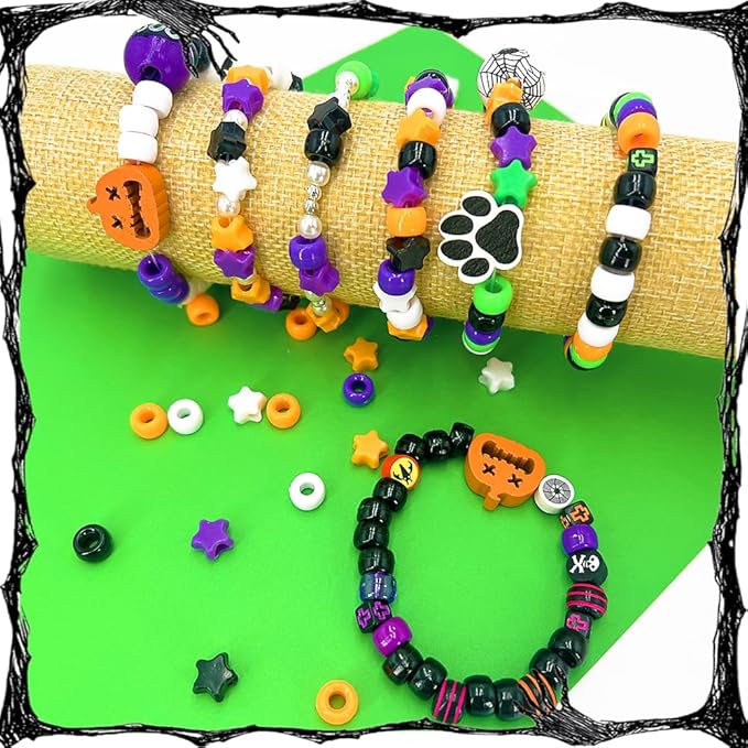 MIIIM 1000PCS 6x9mm Halloween Pony Beads Bulk, 8 Styles Purple Orange White and Black Kandi Beads for Bracelets Making Kit, Hair Braids Crafts for Jewelry Making (Halloween B)