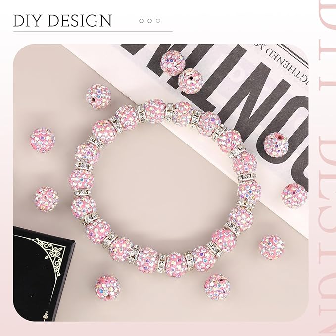 100pcs 10mm Rhinestone Beads for Jewelry Making, Pink AB Shiny Round Shamballa Disco Beads Bulk, Sparkle Crystal Clay Christmas for Bracelet Baseball Necklace Earring Crafting and DIY