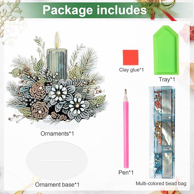 MVVMTOP Christmas Diamond Painting Kits Tabletop Decoration, DIY Candle & Flower, 5D Diamond Art Home Ornament By Number Mosaic Arts Crafts for Home Office Acrylic Tabletop Decor, New Year Gift