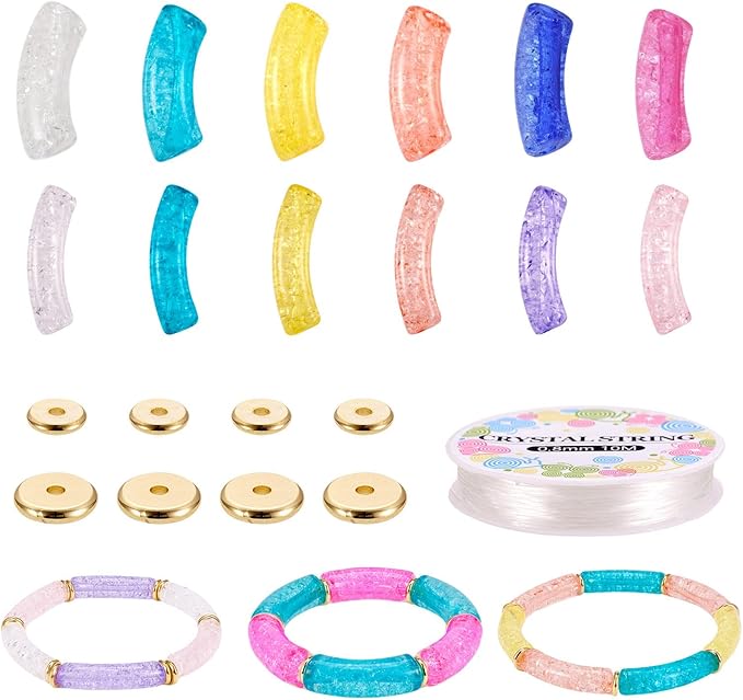 Sparkeads 120PCS Bamboo Tube Bracelet Making Kit for Women Friendship Gift Stacking Bangles Transparent Chunky Curved Acrylic Beads Metal Spacers Elastic Thread