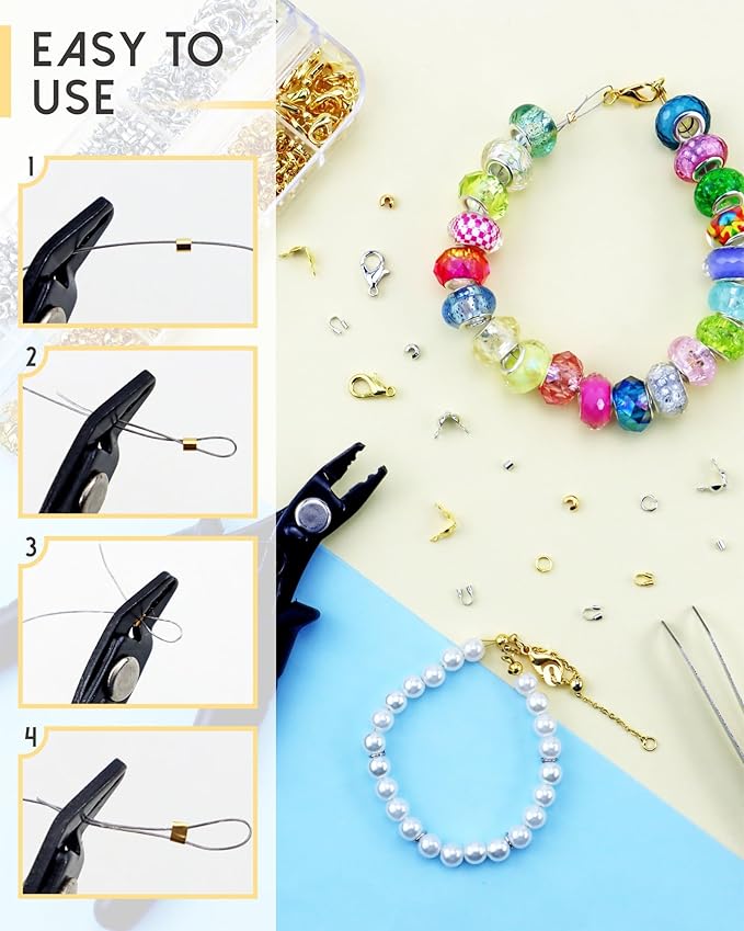 1200 Pcs Crimp Beads Kit for Jewelry Making, Including Crimp Beads, Covers, Tubes, Wire Guardians, Lobster Clasps, Jump Rings, Crimping Pliers and Beading Wire