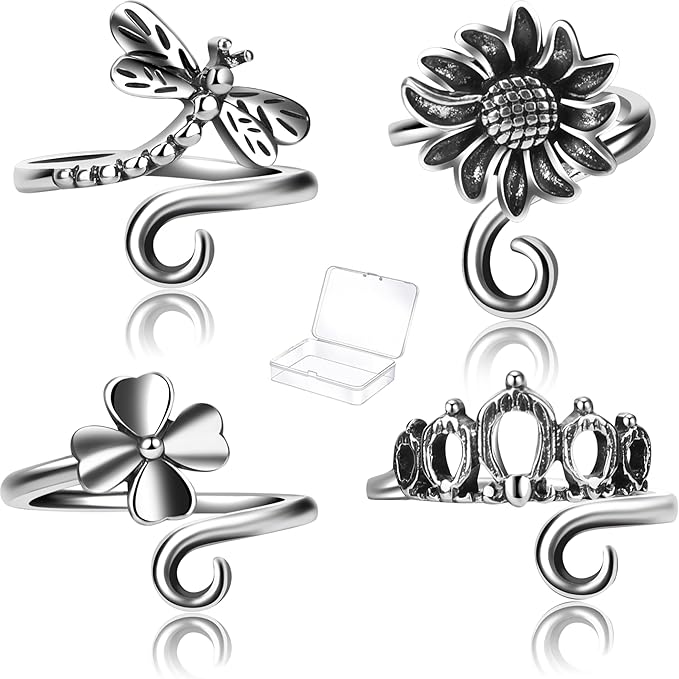4 PCS Crochet Rings for Fingers Butterfly Flower Crown Bow Knot Sunflower Adjustable Yarn Tension Ring Knitting Accessories Crochet Gifts for Crocheters