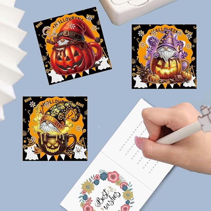 5D DIY Diamond Painting Greeting Card Kit, Diamond Art Halloween Pumpkin Gnome Holiday Greeting Card, Art Crafts Kit Creative Gift with Envelope (6pcs-Yellow)