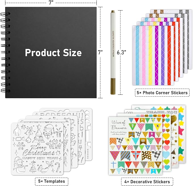 GOTIDEAL 7 x 7 Inch Scrapbook Album with Metallic Markers,40 Pages Kraft Paper Photo Albums for Wedding&Anniversary,Family DIY Scrap Books with Scrapbooking Stickers Corners(Black)