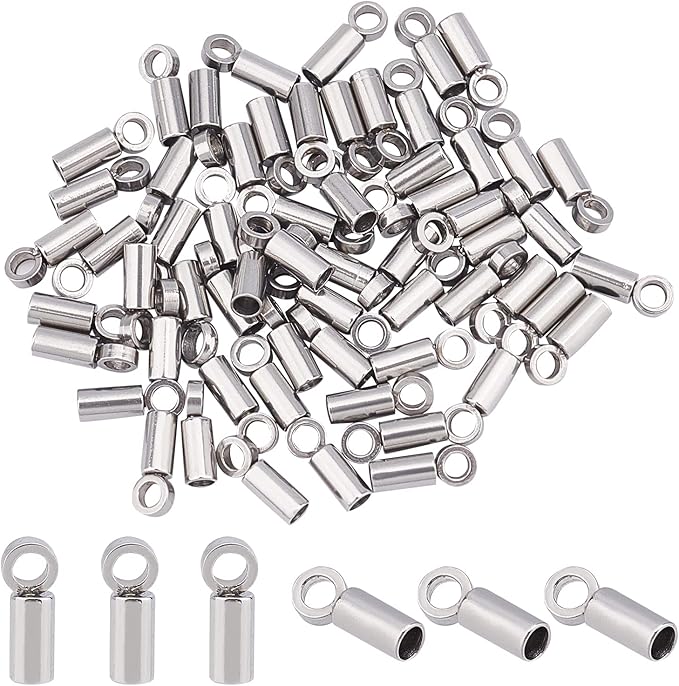 UNICRAFTALE About 60pcs Tube End Caps Stainless Steel Cord Ends 1mm Inner Diameter Smooth End Caps Terminators Cord Finding for Leather Cord Bracelets Jewelry Making, Stainless Steel Color