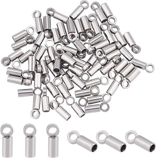 UNICRAFTALE About 60pcs Tube End Caps Stainless Steel Cord Ends 1mm Inner Diameter Smooth End Caps Terminators Cord Finding for Leather Cord Bracelets Jewelry Making, Stainless Steel Color