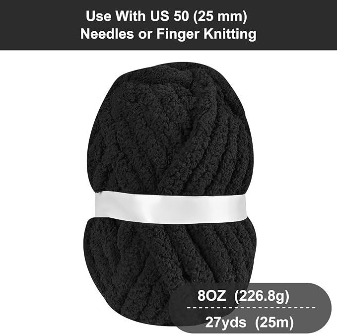 Chunky Chenille Yarn for Hand Knitting,Fluffy Soft Jumbo Yarn by Circular Needle & Crochet Hook,Super Bulky Big Yarn for Chunky Blanket,8 Pack,Black