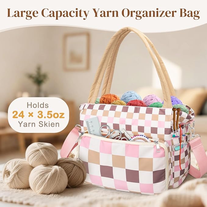 DALINDA Crochet Bag Organizer,Yarn Bag and Tote- Yarn Storage with Multiple Pockets for Crochet Supplies, Knitting Bag for Gifts,Portable & Durable(Brown)