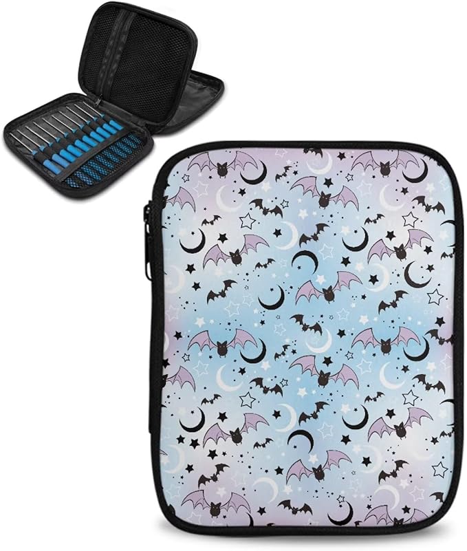 Hechitok Halloween Bats Moon Crochet Hooks Case Zipper Bags Portable Crochet Storage Bag with Web Pocket and Crochet Holder Slots for Carrying Various Crochets Needles