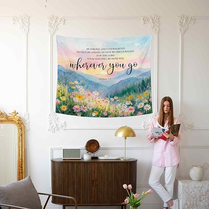 MNASAIOO Christian Wildflower Mountian Wall Tapestry Hanging for Bedroom, Bible Verse Scripture Joshua 1:9 Tapestries,Watercolor Spring Colorful Landscape Wall Decor for Living Prayer Room 50x60in