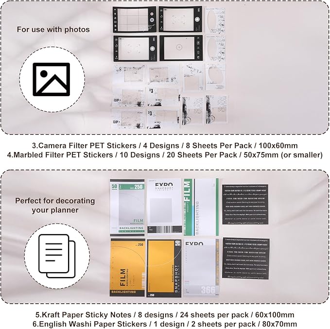 94Pcs Film Scrapbook Paper for Journaling Supplies Washi Stickers Memos Cards Waterproof Album Tape Stickers Vintage Photo Themed Scrapbooking Kits for Journal Planners Collage DIY Art Crafts Album