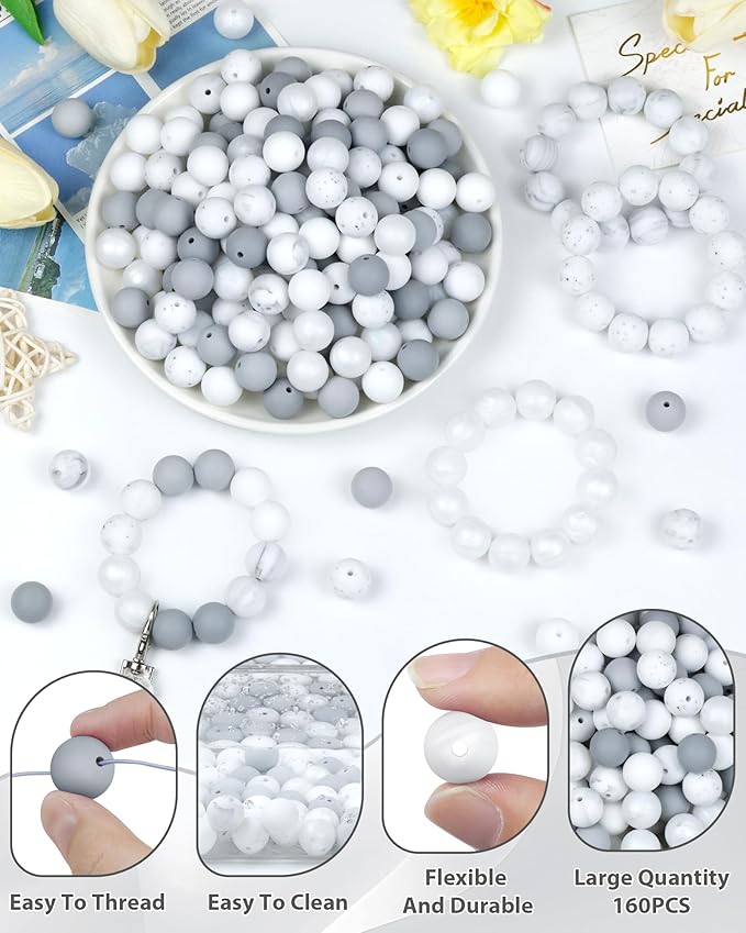 160pcs fiveizero 12mm silicone beads for keychain making, white mixed 6 colors round silicone beads bulk for pens, rubber bead for bracelets and diy crafts