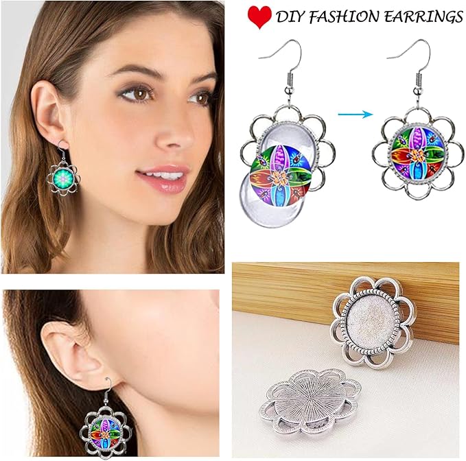 Pendant Trays Set for DIY Jewelry Crafts Making Supplies, Flower Glass Cabochon Pendant Bezel Trays Bracelet Blank Trays Earrings Charms for Gift