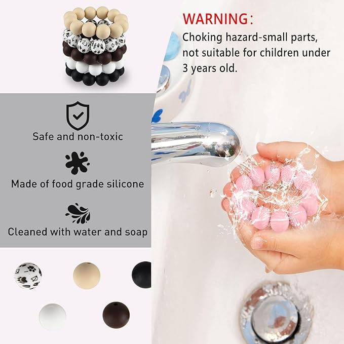 ASTARON 100 Pcs 15mm Silicone Beads for Keychain Making, Black Brown Beads Bulk Round Beads for Bracelets Crafts Beadable Pens Decorations Jewelry Making Supplies