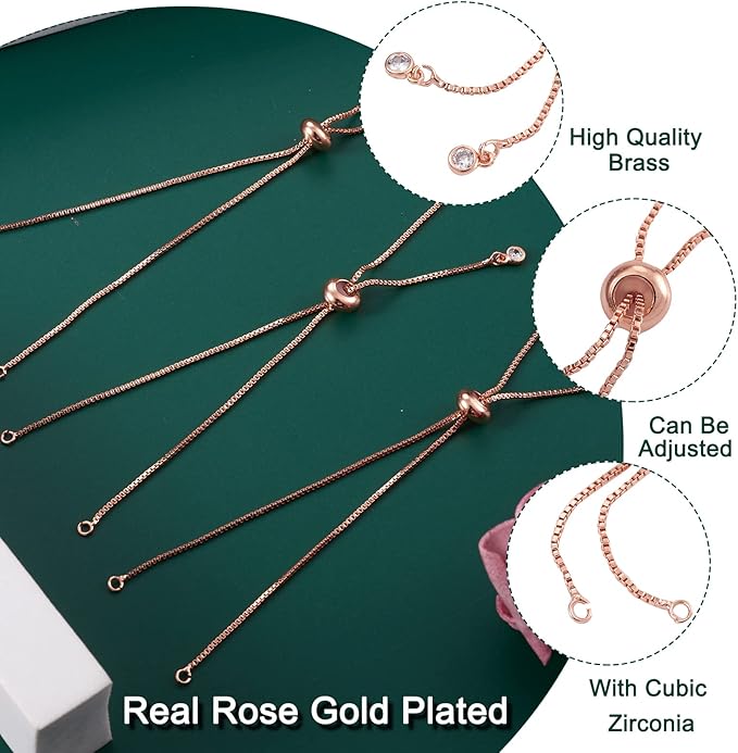 FASHEWELRY 5 Starnds Brass 9.4" Adjustable Slider Extender Box Chain Bracelet with Ball End with Cubic Zirconia Ends for Bracelet Jewelry Making (Rose Gold)