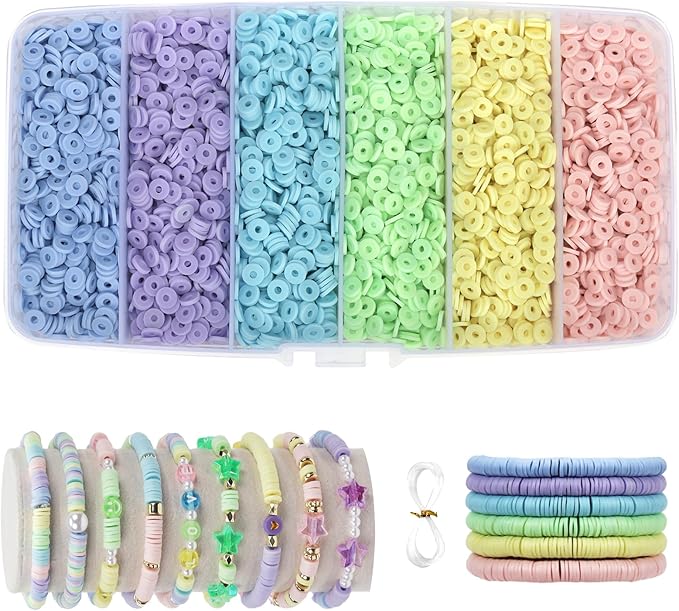 6000+Pieces Polymer Clay Beads, 6 Colors Easter Clay Beads for Bracelets Making Heishi Beads Friendship Bracelet Making Kit for Girl Women Adults (Pastel)