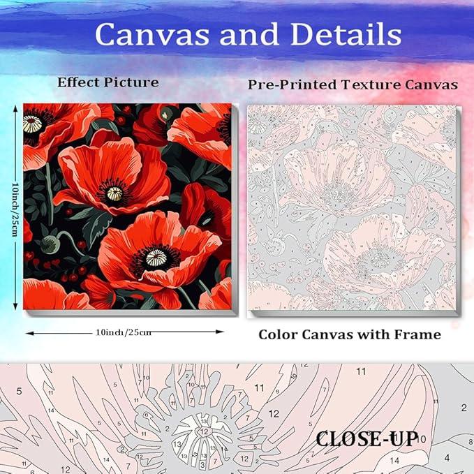 JUJUHOOD Red Poppy Paint by Numbers Kit for Adults Beginner & Kids Ages 8-12, Easy Flower Paint by Number Without Easel, Simple Paint by Numbers for Gift Home Wall Decor (10x10Inch)
