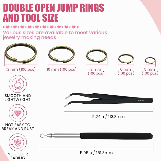500 Pcs Double Open Jump Rings Kit, Zinc Alloy Mini Round Split Craft Jump Keychains Key Ring with Double Loops Connectors for Jewelry Making, Bracelets, Necklace, DIY (5, 6, 8, 10, 12mm)