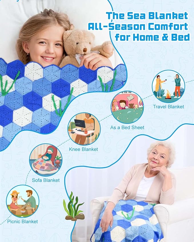 Arborthread Crochet Kit for Beginners, Granny Squares Blanket Knitting Kit w/Step-by-Step Video & Printed Guides for Adults, Kid-Friendly Patterns