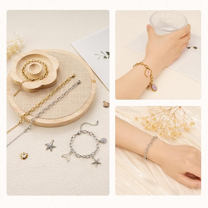 KYUNHOO 6.7 Inches Bracelet Chain for Jewelry Making 10pcs Stainless Steel Jewelry Links on Bulk Silver and Gold Plated Embossed Oval Chains for Bracelets DIY with Extender
