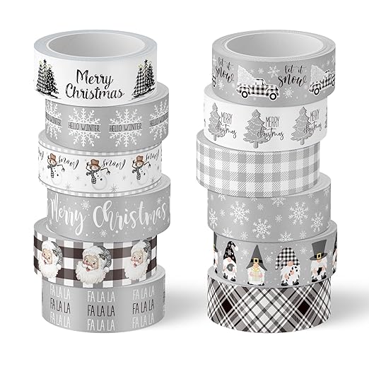 Whaline 12 Rolls Christmas Washi Tape Grey Farmhouse Washi Tape Assorted Xmas Masking Decorative Party Gift Paper Tape for DIY Craft Scrapbook Decor Party Favor Supplies