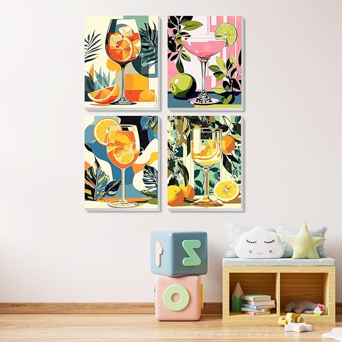 MXJSUA 4 Pack Lemon Cocktail Framed Paint by Numbers Kit with Canvas for Adults Beginner, DIY Acrylic Oil Painting Kits with Brushes for Home Wall Decor Gift (8x10 inch)