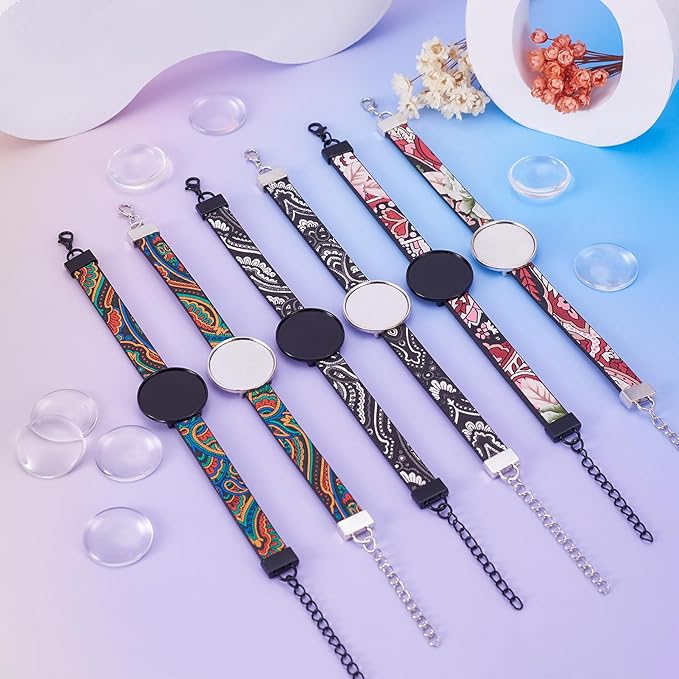 FASHEWELRY 6Pcs PU Leather Cord Bracelet Bezel Bohemian Blank Photo Tray Bracelet Band Settings 26.5mm Adjustable Round Tray With Glass Cabochons for Jewelry Making