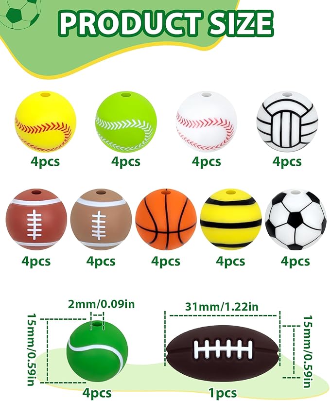 FIVEIZERO 41PC Sports Baseball Silicone Beads - Multi-Sport Focal Beads (Football Soccer Basketball Volleyball) for Keychains, Bracelets, Jewelry Making & Team Spirit Crafts