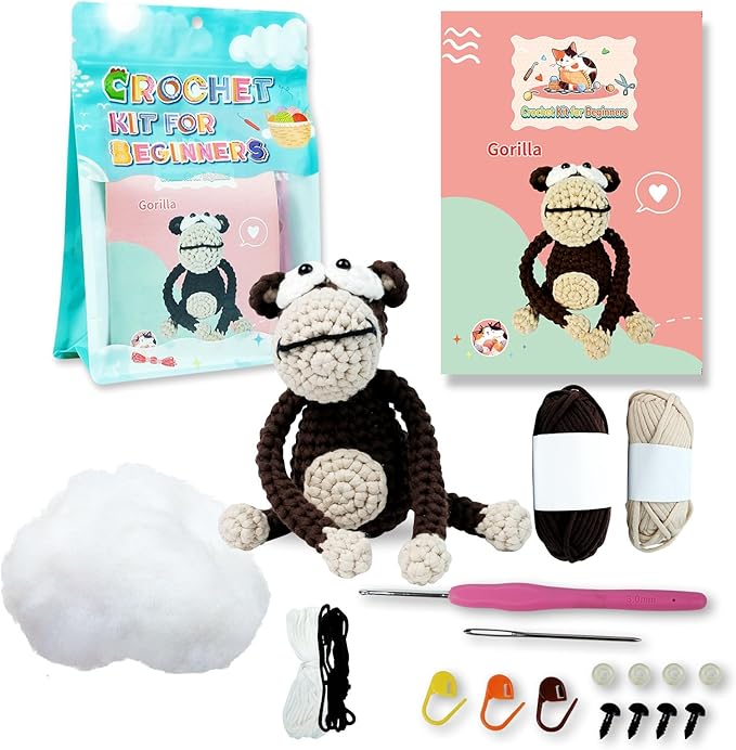 Kovarela Beginners Crochet Kit with Simple Crochet Yarn Yarn - with Step-by-Step Video Tutorials (Monkey)