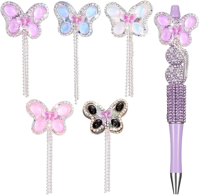 5pcs Rhinestone Handcrafted Beads,Sparkling Diamond Flower Pen Focal Interval Bead String Ballpoint Pen,DIY Craft Ballpoint Pen Jewelry Bracelet, Necklace, Keychain Making(Light Peach)