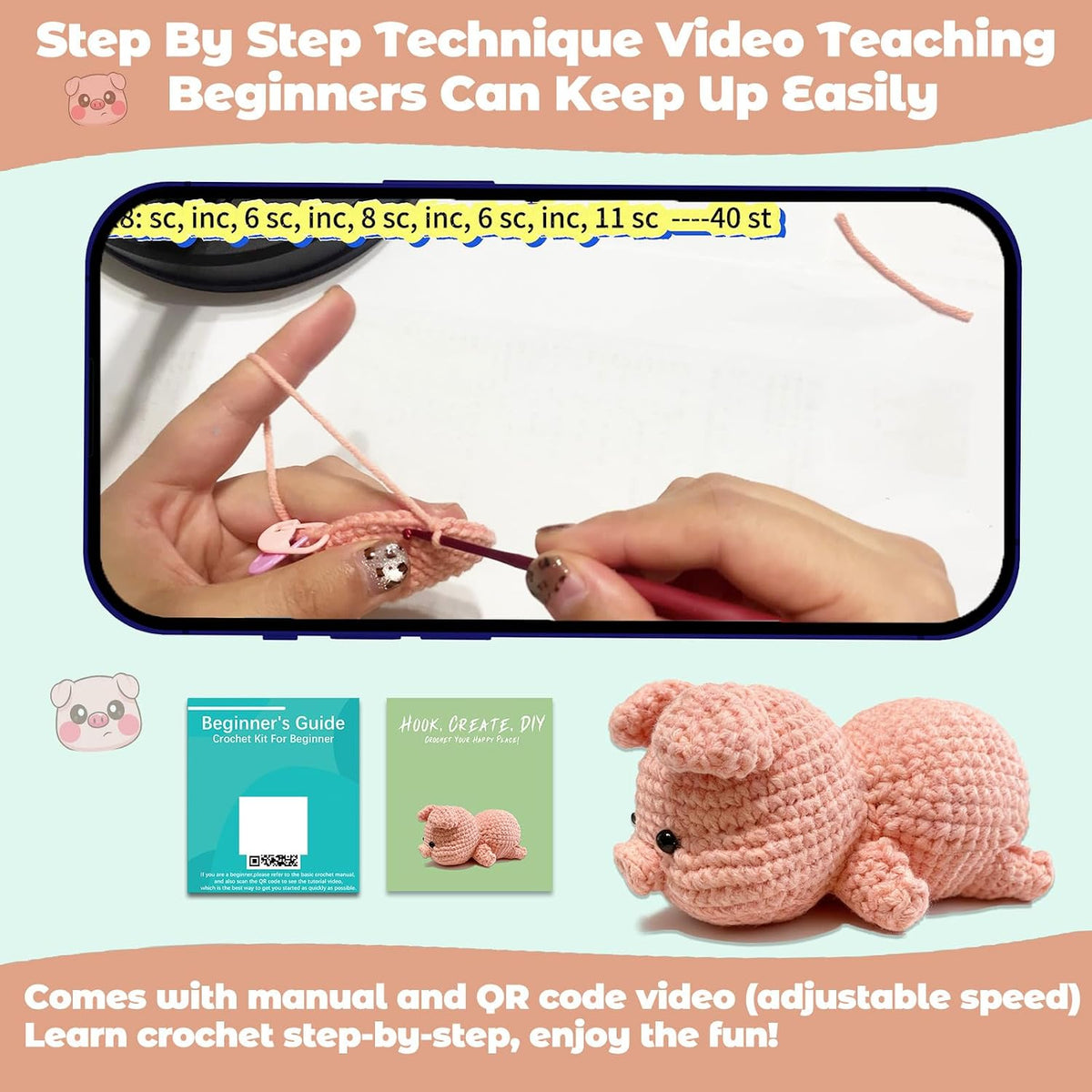 JueRum Pig Crochet Kit for Beginners Adult All-in-One Amigurumi Crochet Kit With Adjustable-Speed Video Tutorials, 20% Extra Yarn, Learn to Crochet, Ideal Christmas Birthday Gift for Women Girls