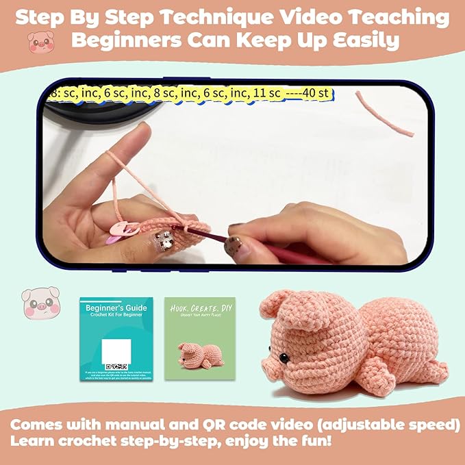 JueRum Pig Beginner Crochet Kits for Adult,Amigurumi Crochet Kit with Step-by-Step Video Tutorials, Learn to Crochet Pig Animals Knitting Kit for Adult
