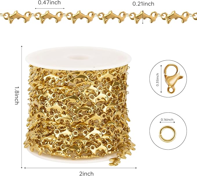 Kyutong 4 Meters Gold Plated Jewelry Making Chains on Spool Dolphin Shape Craft Jewelry Findings Stainless Steel Necklace Chain Bulk with Clasps for Women Men Make Handcrafts