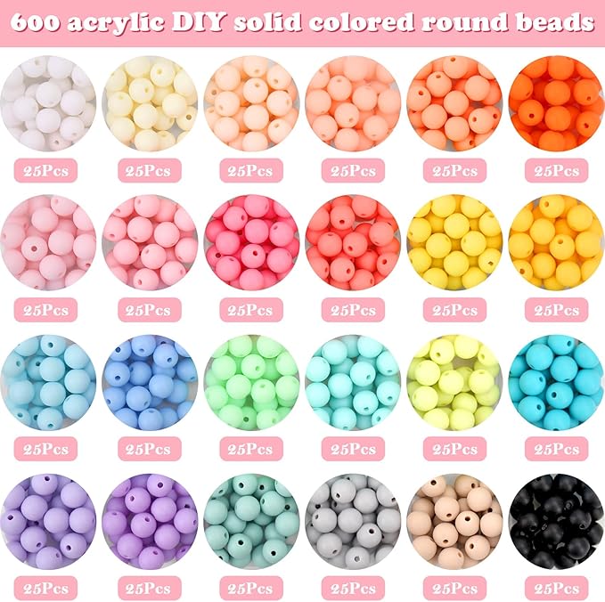 600Pcs 8mm Candy Color Matte Acrylic Round Beads, 24 Colors Assorted Plastic Bubble Gum Beads with Hole Loose Beads Bulk for Bracelets Necklace Jewelry Making DIY Crafts