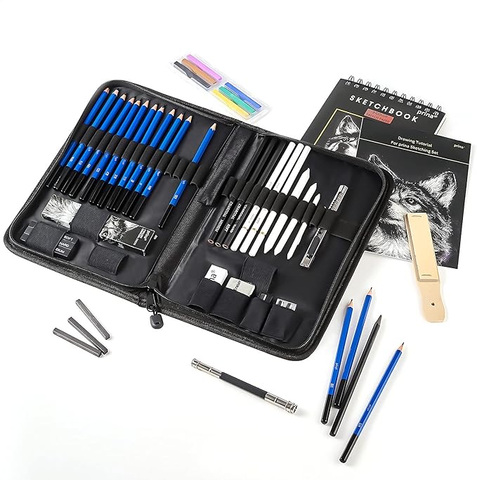Prina 50 Pack Drawing Set Sketch Kit, Sketching Supplies with 3-Color Sketchbook, Graphite, and Charcoal Pencils, Pro Art Drawing Kit for Artists Adults Teens Beginner Kid, Ideal for Shading, Blending