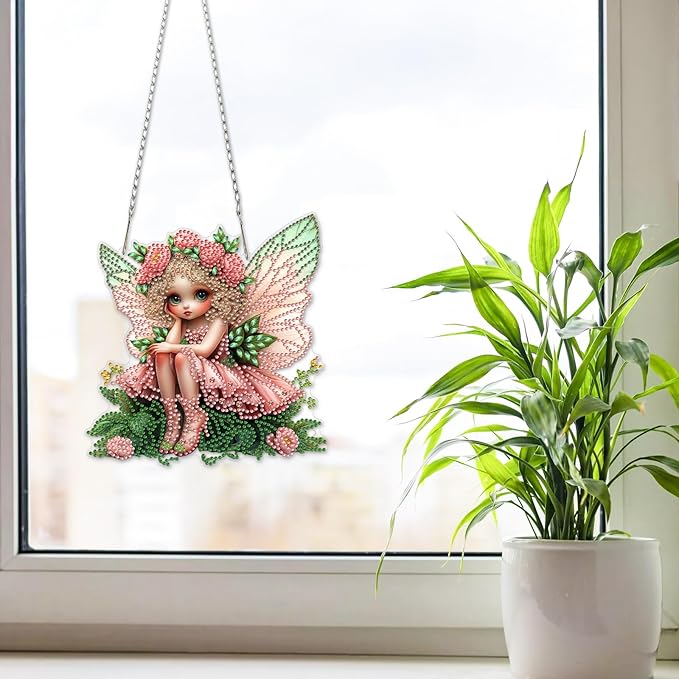 NAIMOER Diamond Art Hanging Kits for Adults Flower Fairy 5D Special Shaped Rhinestone, DIY Acrylic Diamond Art Painting Window Pendants Home Garden Wall Hanging Ornament Kits, Double Sided