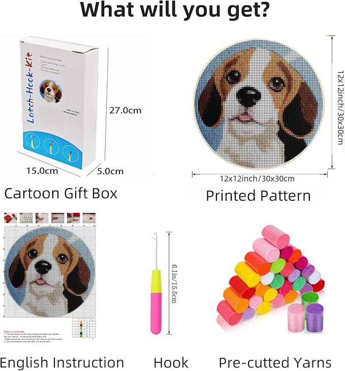 Latch Hook Rug Kit Cute Cartoon Puppy Beagles Dog with Christmas Color Easy for Beginners Round Shape Carpet Crochet Yarn Craft Mini Rug DIY Hook and Latch Little Tapestry for Home Decor 30x30cm-2
