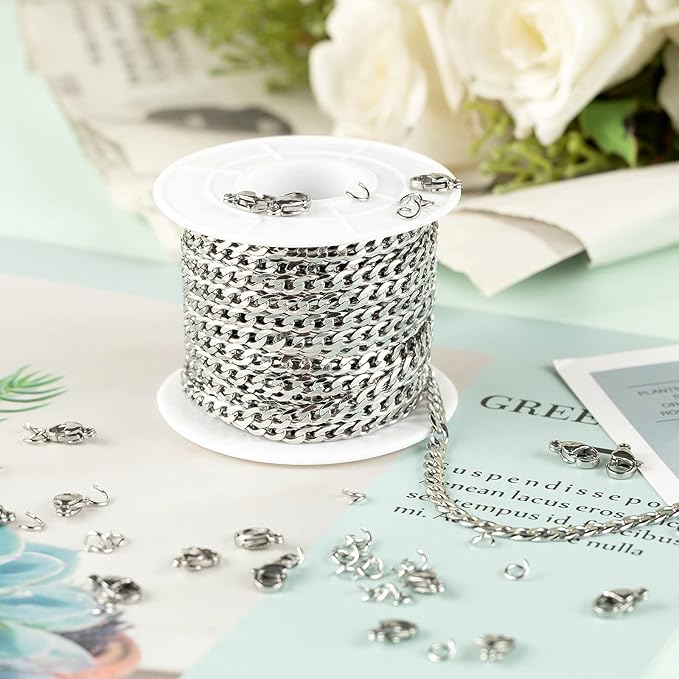 YOUBEIYEE 16.4 Feet Silver Stainless Steel Chain for Jewelry Making Curb Cuban Chains Bulk with Jump Rings Lobster Clasps for DIY Necklaces Bracelets Anklets Findings